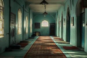 Sunlit corridor inside a mosque with prayer mats. photo
