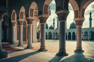 Sunlit courtyard of a mosque with ornate columns and arches, showcasing Islamic architecture. photo