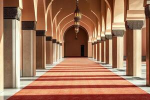 Sunlit corridor with arched ceilings, columns, and red carpet. photo