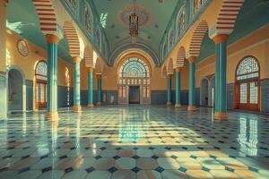 Sunlit grand hall with marble floor, arched windows, and teal columns. photo