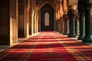 Sunlit corridor with red carpet, arched doorways, and stained glass window. photo