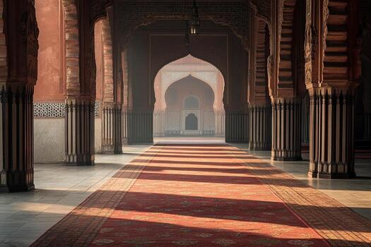 Sunlit corridor in ancient mosque, arched entryways, red carpet. photo