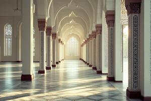 Sunlit hallway with ornate columns and arches in a mosque. photo