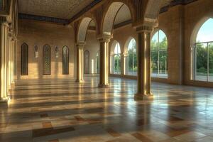 Sunlit interior of a grand hall with arched windows, columns, and mosaic artwork. photo