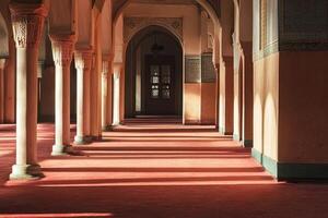 Sunlit corridor with arched columns and red carpet. photo