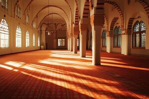Sunlit interior of a mosque with arched ceilings, pillars, and patterned carpet. photo