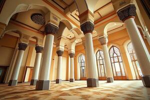 Sunlit interior of a grand mosque with ornate columns and arches. photo