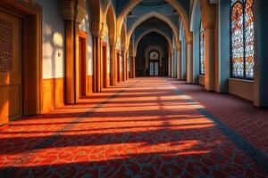 Sunlit hallway in a mosque with arched doorways, stained glass, and patterned carpet. photo
