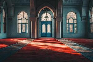 Sunlit interior of a mosque with arched windows, columns, and a red carpet. photo