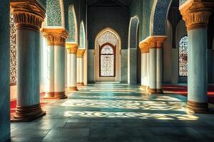 Sunlit interior of a mosque with ornate columns, arches, and stained-glass windows. photo