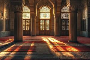 Sunlit interior of a mosque with stained glass windows and ornate columns. photo