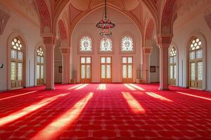 Sunlit interior of a mosque with red carpet, arched architecture, and stained-glass windows. photo