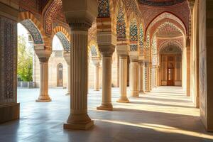 Sunlit courtyard with columns and arches, intricate tilework. photo