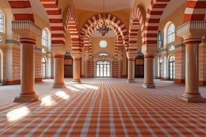 Sunlit interior of a mosque with red and white striped columns and checkered floor. photo
