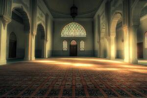 Sunlit interior of a mosque with arched doorways, stained glass window, and patterned carpet. photo