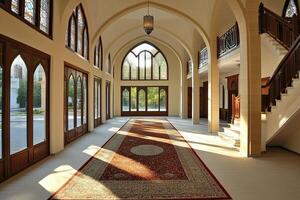 Sunlit grand entryway with arched windows, wooden doors, and ornate rug. photo