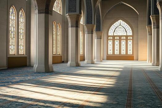 Sunlit interior of a mosque with stained glass windows and patterned carpet. photo