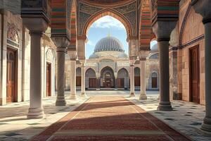 Sunlit courtyard of a mosque with ornate columns and a dome. photo
