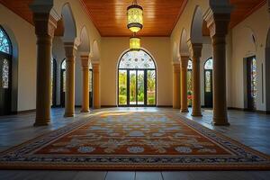 Sunlit interior with arched entryway, columns, stained glass, and patterned rug. photo