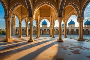 Sunlit mosque courtyard with arches, columns, and blue domes. photo