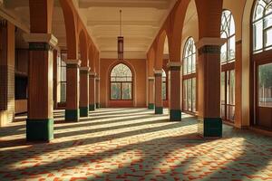 Sunlit mosque interior with arched windows, columns, and patterned carpet. photo