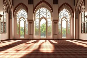 Sunlit mosque interior with ornate arches and windows. photo