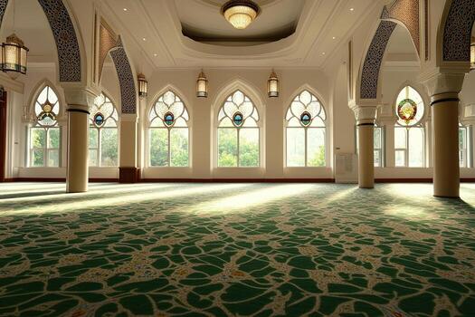 Sunlit mosque interior with stained glass windows and patterned carpet. photo