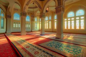 Sunlit mosque interior with ornate arches, stained glass windows, and prayer rugs. photo