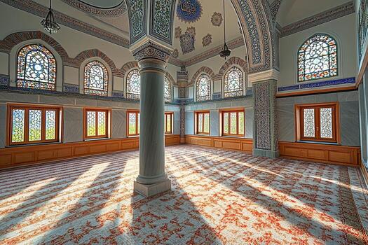 Sunlit mosque interior with ornate pillars, stained-glass windows, and patterned carpet. photo