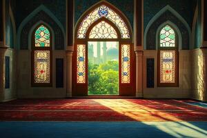 Sunlit mosque interior with stained glass windows showing a view of another mosque and green trees. photo