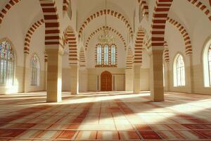 Sunlit mosque interior with arched architecture, stained glass, and prayer rug. photo