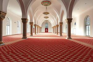 Sunlit mosque interior with red carpet, arched ceilings, and columns. photo