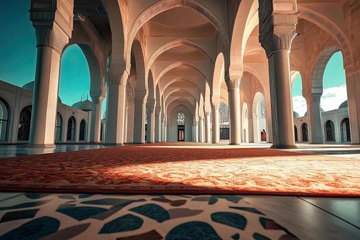Sunlit mosque colonnade with arched ceilings and patterned carpet. photo