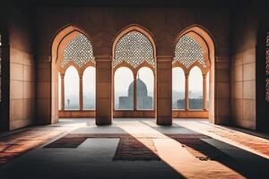 Sunlit mosque interior with arched windows and city view. photo