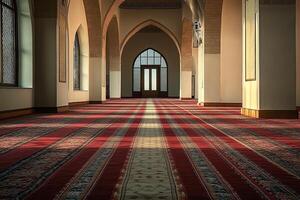 Sunlit mosque hallway with arched windows and prayer rug. photo