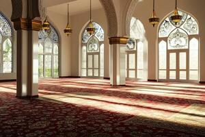 Sunlit mosque interior with ornate arches, stained glass windows, and patterned carpet. photo