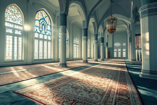 Sunlit mosque interior with arched ceilings, stained glass windows, and patterned carpets. photo