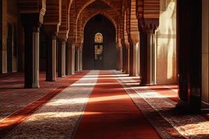 Sunlit mosque hallway with arched columns and red carpet. photo