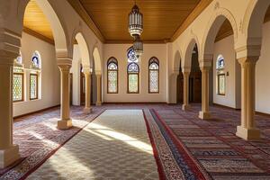 Sunlit prayer hall interior with arched windows, pillars, and ornate carpets. photo