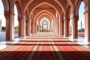 Sunlit mosque colonnade with patterned carpet. photo