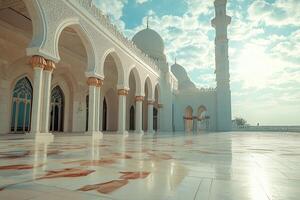 Sunlit mosque courtyard with arches, columns, and marble floor. photo