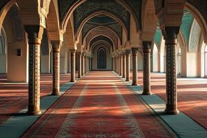 Sunlit mosque interior with arched columns and red carpet. photo