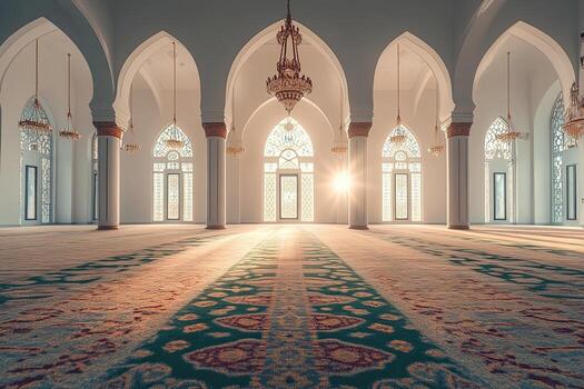 Sunlit mosque interior with ornate arches, columns, and carpet. photo
