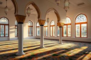 Sunlit mosque interior with arched windows, pillars, and patterned carpet. photo