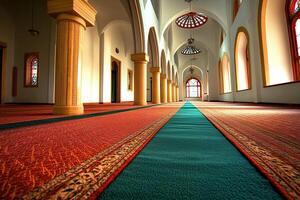 Sunlit mosque interior with columns, arches, and prayer carpet. photo