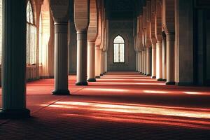 Sunlit mosque interior with columns and red carpet. photo