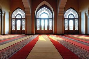 Sunlit mosque interior with ornate arches, stained glass, and prayer rugs. photo