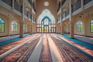 Sunlit mosque interior with ornate carpets and stained glass. photo
