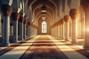 Sunlit mosque interior with ornate columns, arches, and prayer rugs. photo