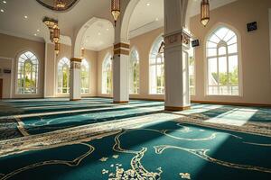 Sunlit mosque interior with ornate carpets and arched windows. photo